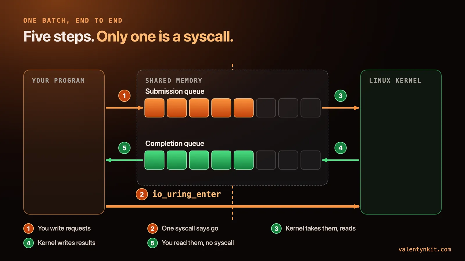 One batch end to end: 1 you write requests, 2 one io_uring_enter syscall says go, 3 the kernel takes them and reads, 4 the kernel writes results, 5 you read them with no syscall